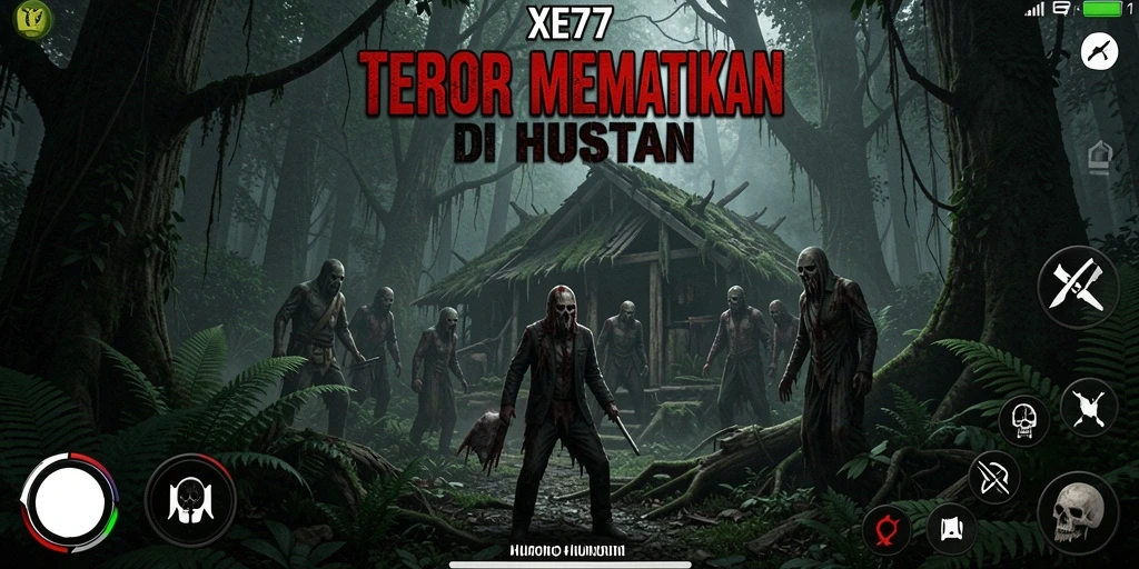 Tampilan antarmuka utama XE77 yang menegangkan dan misterius.