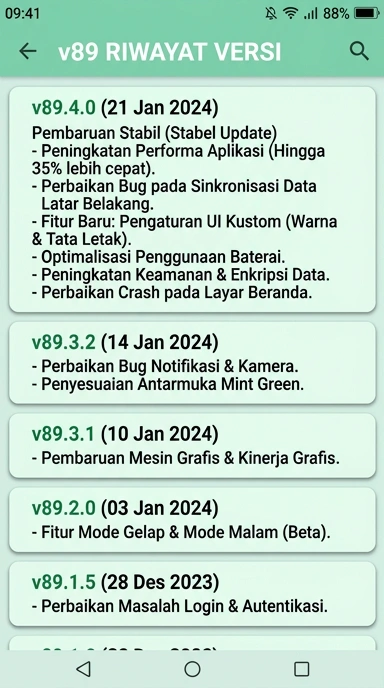 Halaman Riwayat Versi v89 untuk Pengguna Android